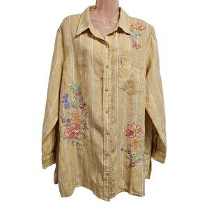 Coldwater Creek Embroidered 100% Linen Top Tunic Shirt Women Size 1X Striped